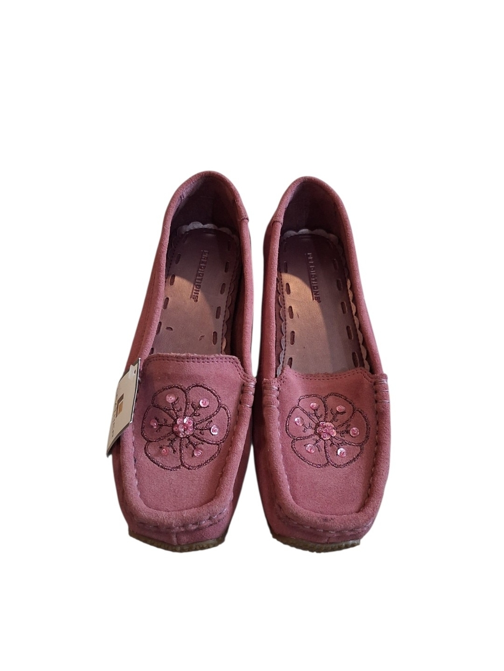 Women's Pink Suede Slip-On Loafers with Floral Embroidery